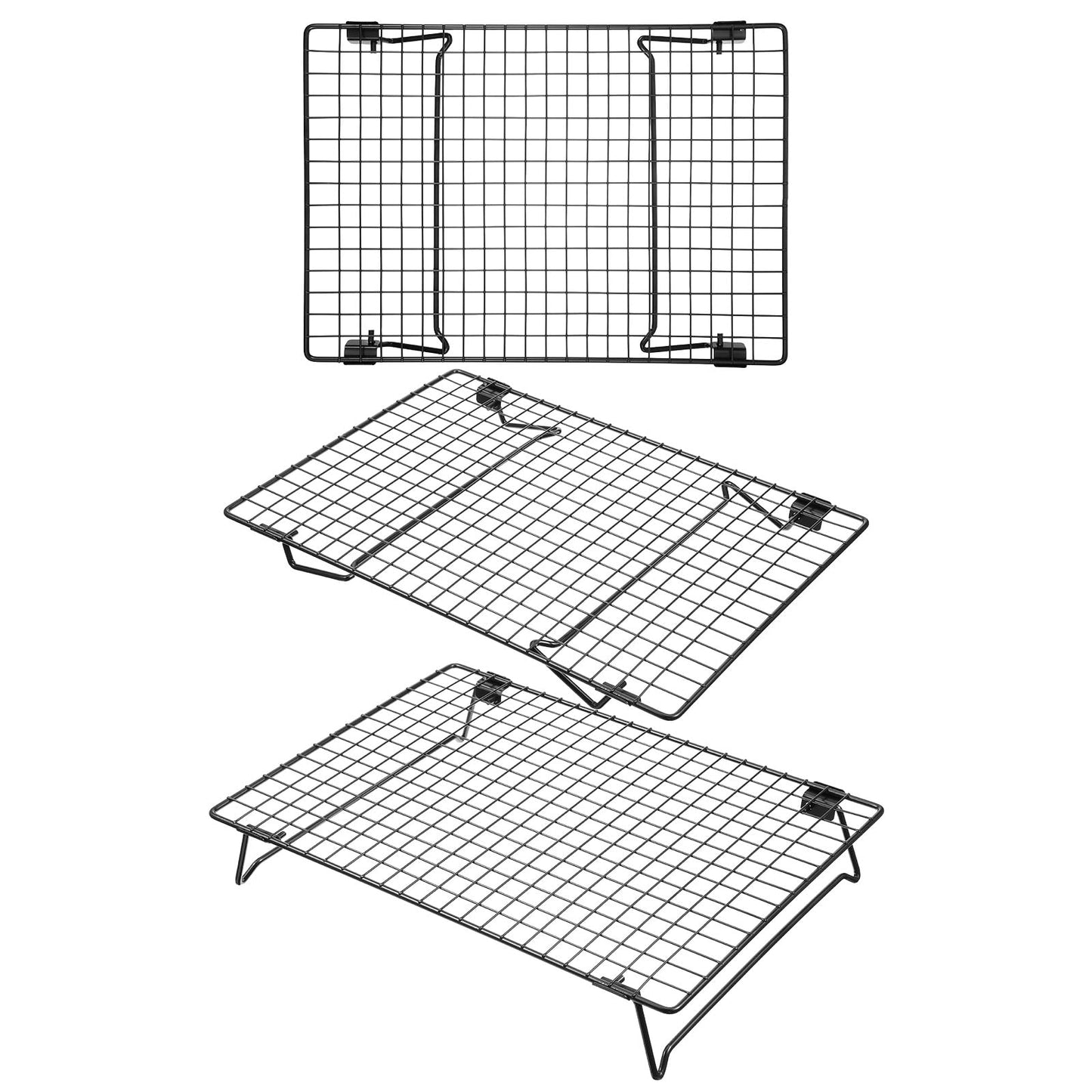 Kifmurase 3PCS Stackable Cooling Rack for Baking, 13.3 x 9.3 Inch Carbon Steel Wire Rack with Folding Legs for Cookie Cake Pizza Jerky, Multi-Use Bread Oven Racks for Cooking Roasting Drying Grilling