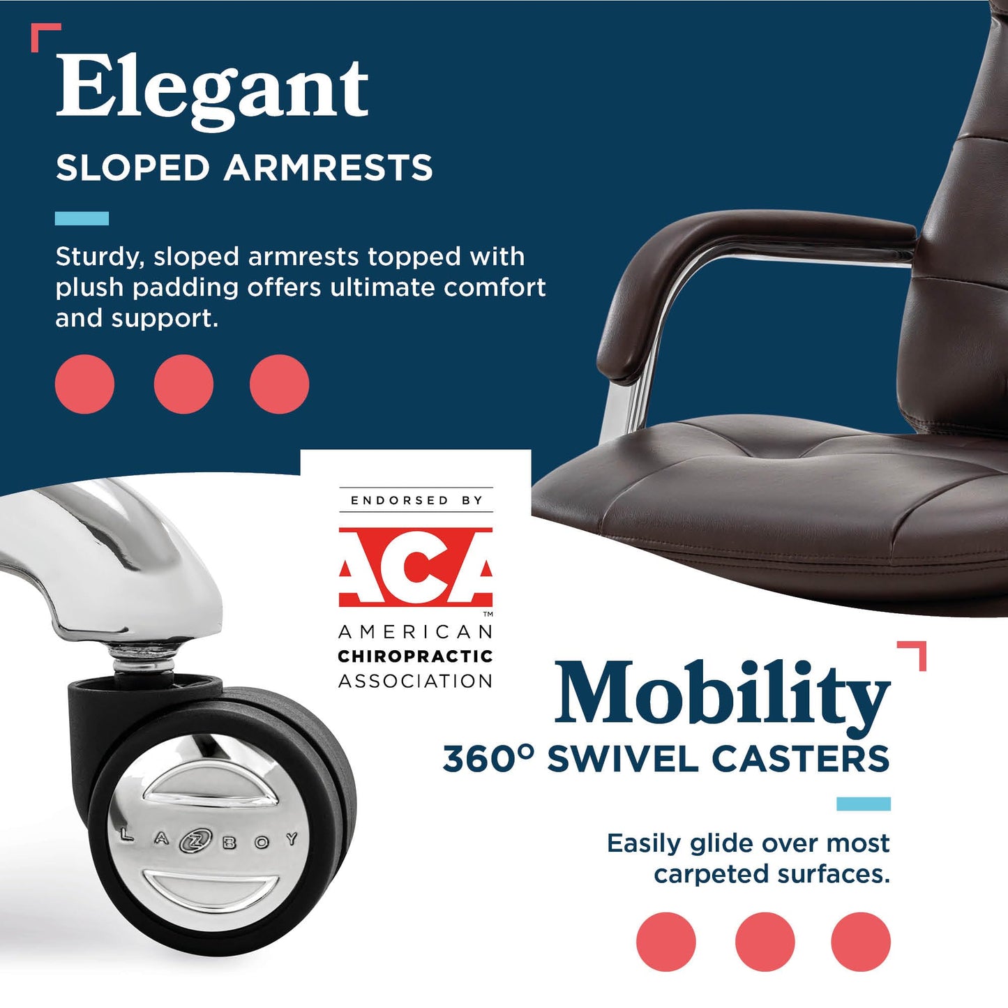 La-Z-Boy Sonata Executive Mid-Back Office Chair, Button-Tufted Seat and Back, Double-Layer Cushion, Padded Armrests, Ergonomic Computer DeskChair, Swivel Metal Base, Bonded Leather, Dark Brown/Chrome