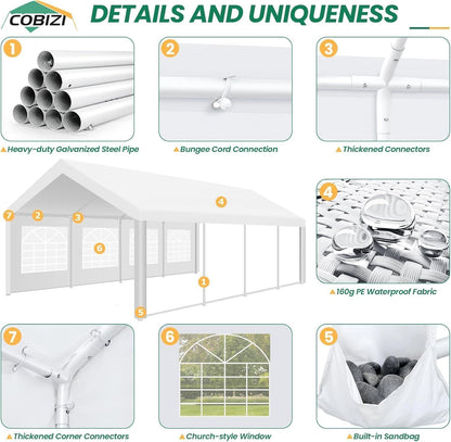COBIZI 13x26 Outdoor Party Tent Heavy Duty Waterproof Canopy Shelter with 8 Sidewalls & 10 Church Windows, White Powder Coating, Built-in Sandbag Commercial Event Tents for Parties BBQ Patio Wedding