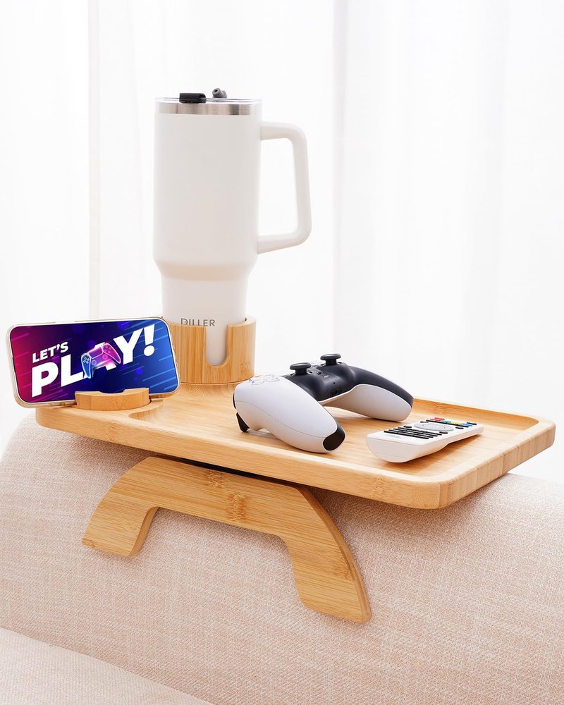 Sofa Arm Tray Linsongmax Large Couch Cup Holder Tray with Rotated Swappable Cup Holder Phone Stand Fit Various Armrest Sofa Side Tables for Living Room,15.36x9.85inch Bamboo Natural