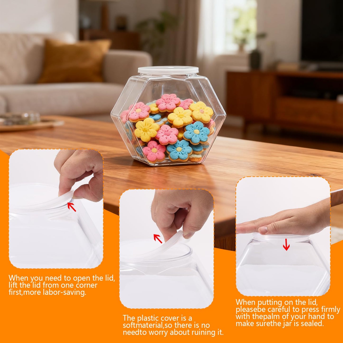 4 Pack Plastic Candy Jars with Lids Hexagon Cookie Jars Kitchen Counter Candy Bar Containers Acrylic Clear Containers for Buffet Storage Display Dog Treat Laundry Pod Buffet Craft Kitchen Storage