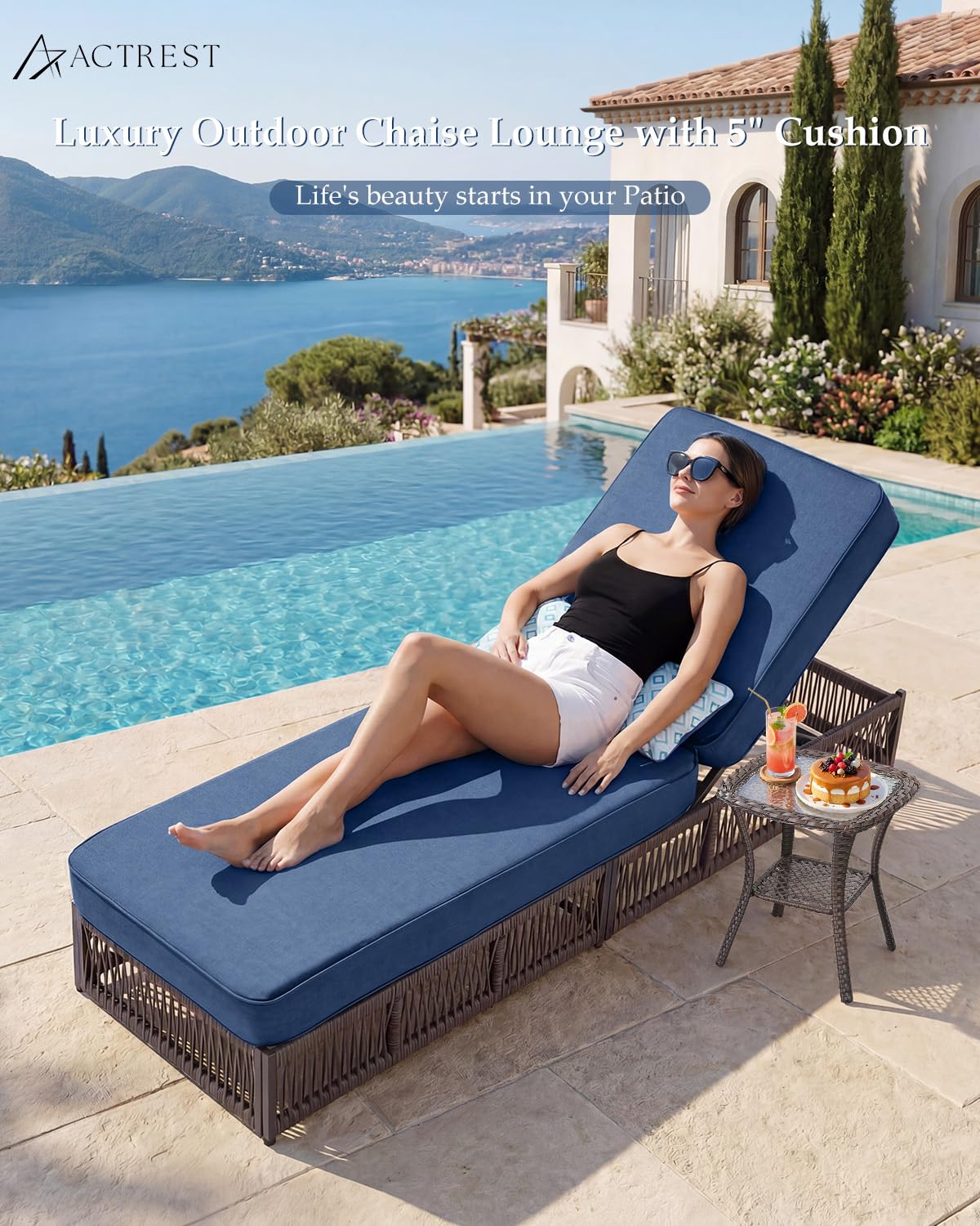ACTREST Luxury Outdoor Chaise Lounge with 5 Inch Thickened Cushions - 1 Set High Back Brown Wicker Patio Recliners Rattan Reclining Chairs Porch Poolside Pool Sunbathing Lounger - Navy Blue