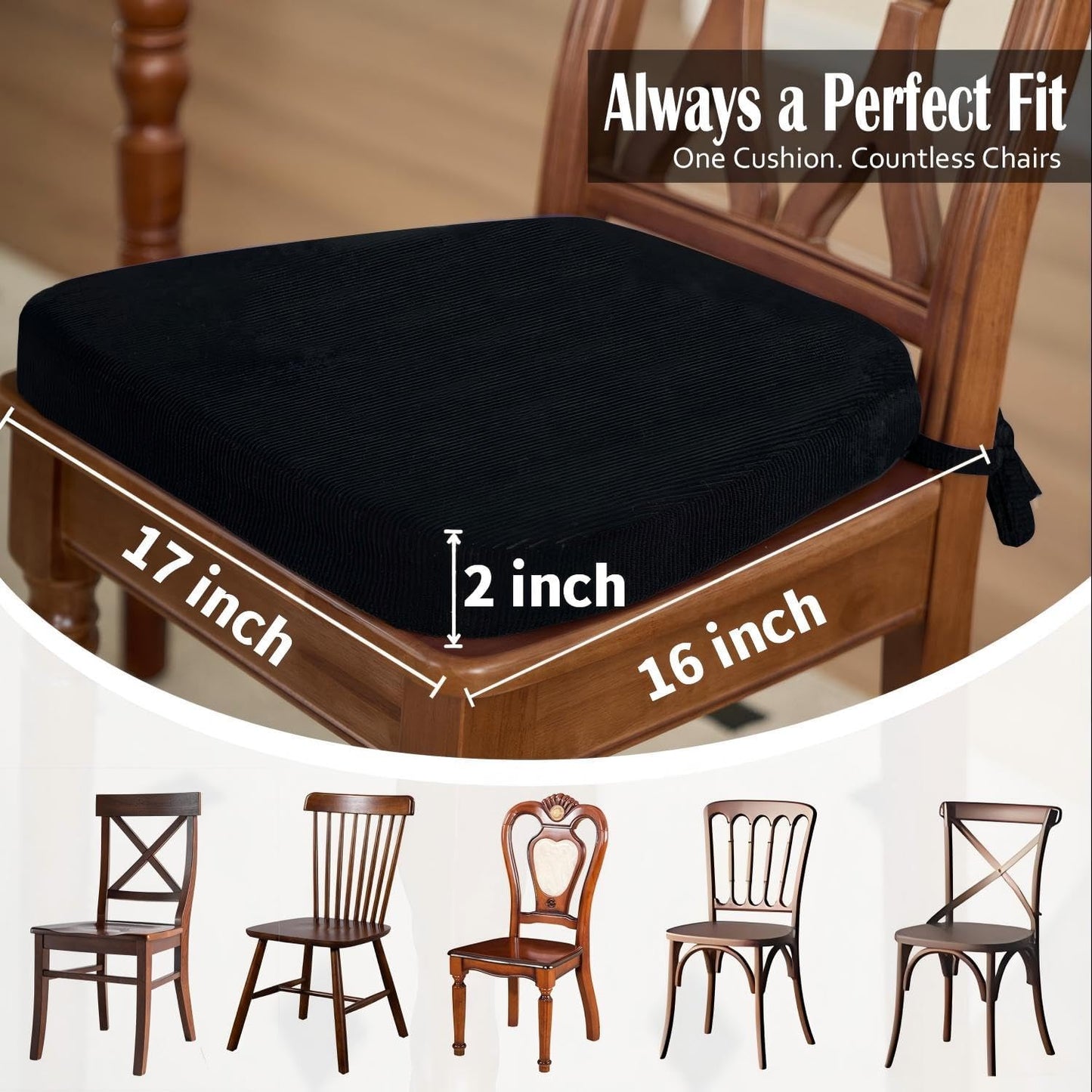2'' 17"x16", 2 Pack Nobildonna Thick High-Density Foam Indoor Chair Cushions | Dining Chair Pads with Ties, Removable
