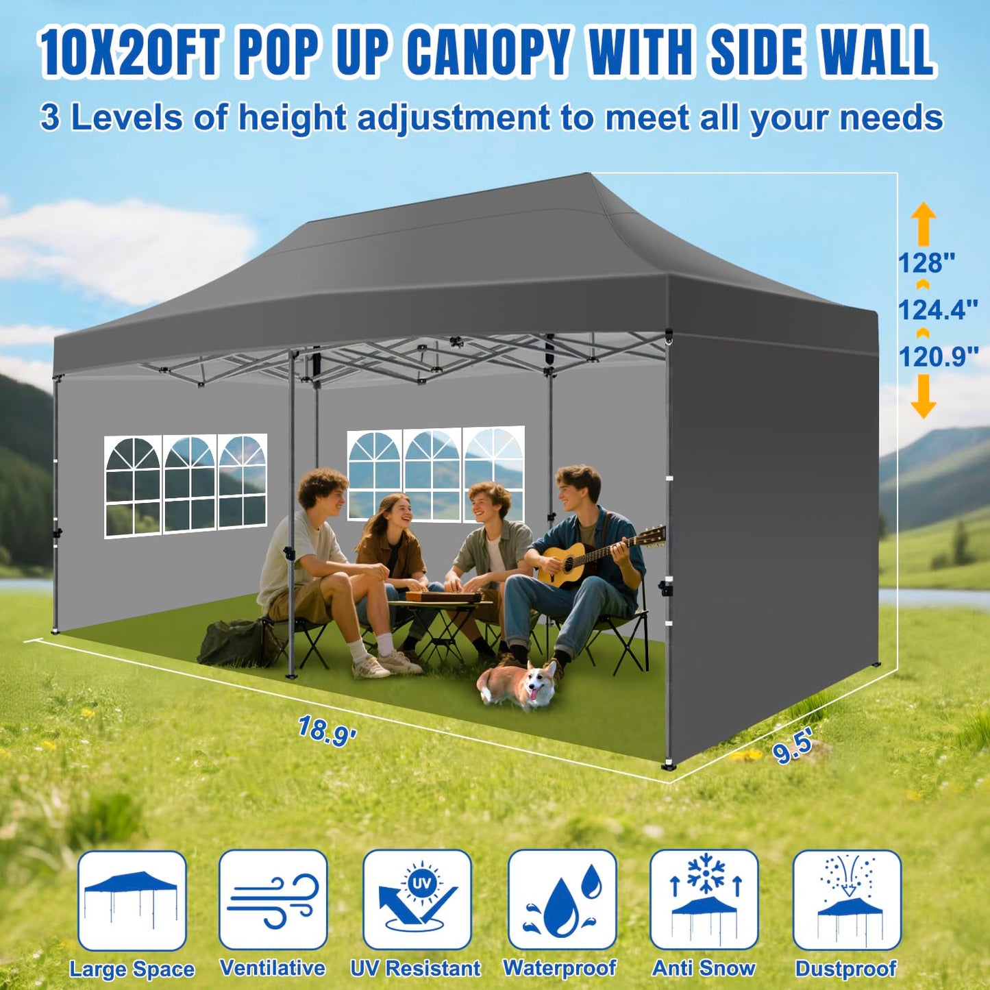 Yesker 10x20 Pop Up Canopy Tent with Sidewalls Instant Outdoor Canopy, Waterproof & UV Protection, Easy Setup Adjustable Height Heavy Duty Shelter Gazebo Tent for Patio Backyard Party Events, Gray