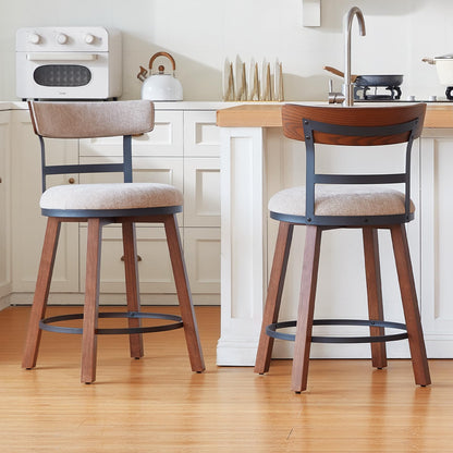 Finekoze Modern Bar Stools Set of 2, 26" Thick Upholstered Barstools with Curved Frabic Backrest&Solid Wood Legs&Matte Metal Frame, Counter Height Bar Stools for Kicthen Island,Khaki