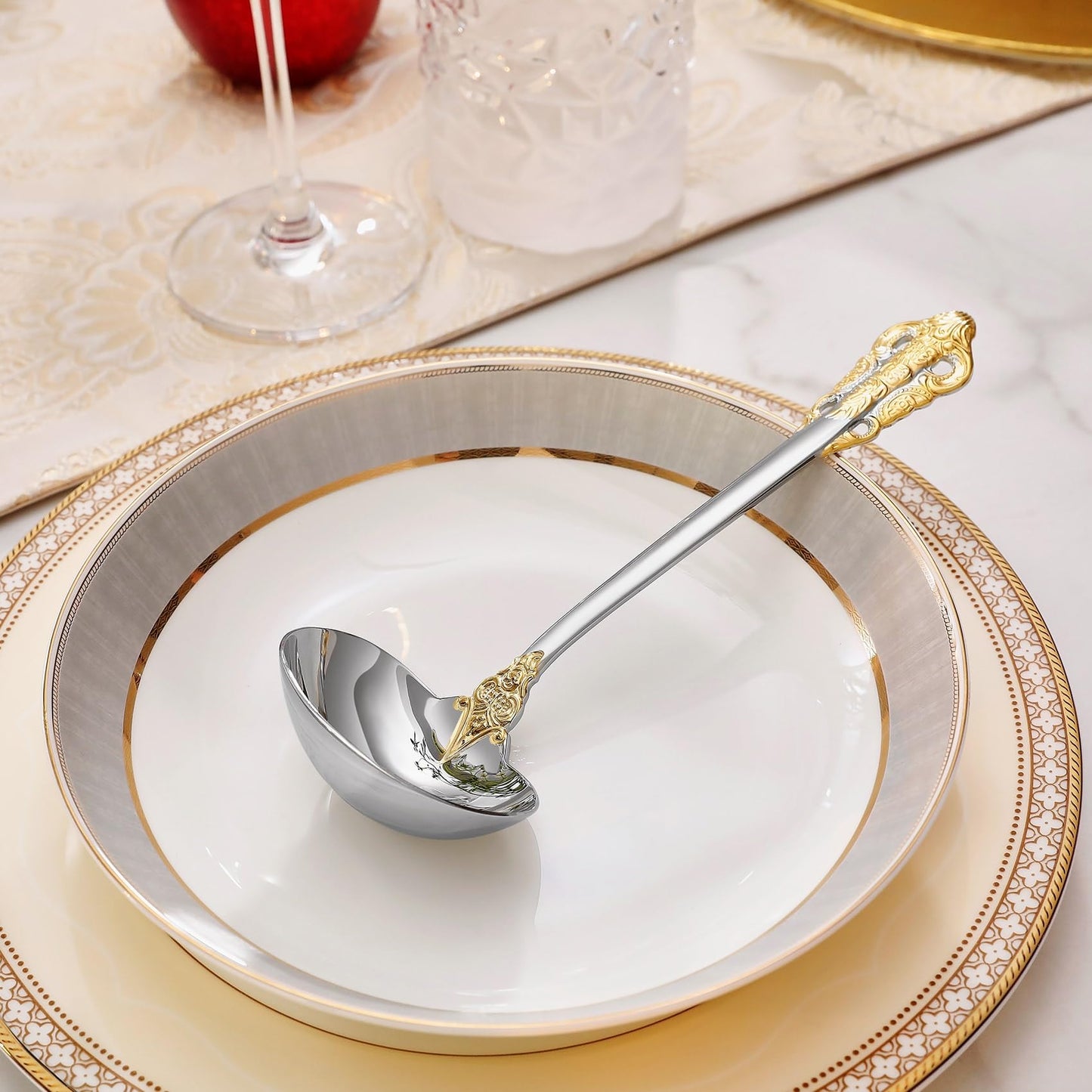 KEAWELL Premium 7.5 inch Luxury Gravy Ladle, 18/10 Stainless Steel, Small Gravy Spoon for Home. Solid and Sturdy, Dishwasher Safe. (2, Gold Accent)