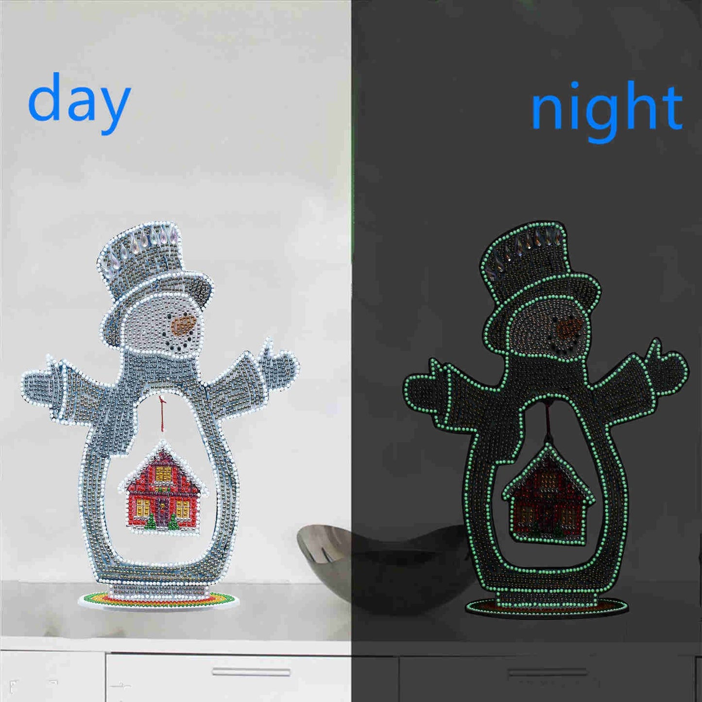 YEESAM ART Snow Man and House Tabletop Diamond Art Kits, 3D Crystal Painting Kit Special Shape Drills Rhinestones Desk Top Ornaments 11inch Luminous Table Top Kinetic Art
