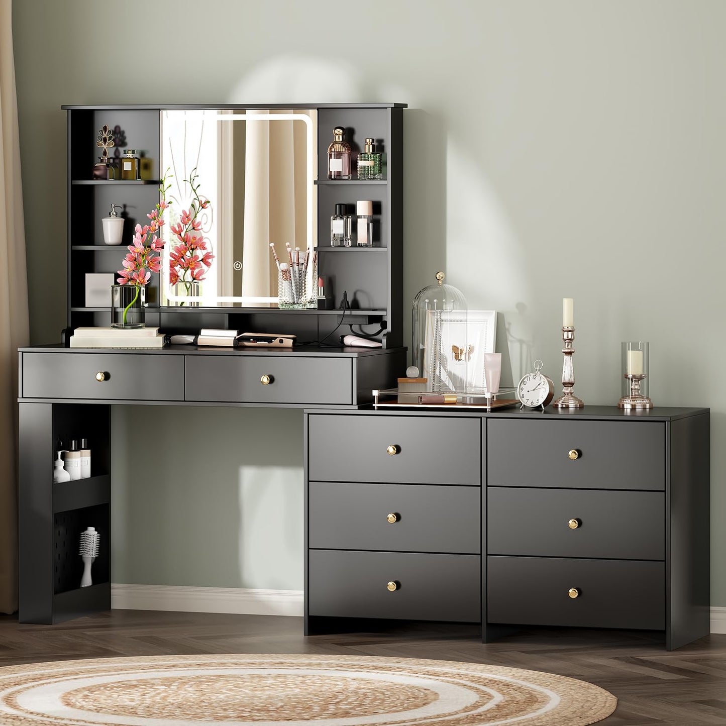 Ieejdn Makeup Vanity Desk with Mirror and Lights, Vanity Desk with 8 Drawers & Storage Shelves, Vanity Table with Power Outlet, 3 Color Modes & Adjustable Brightness Dressing Table, Bedroom,Black