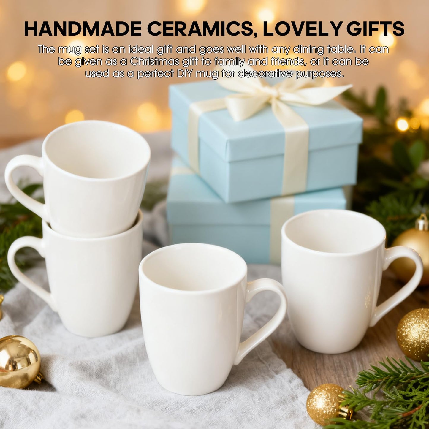xihihiaa 4 Pack Ceramic Coffee Mugs Set, 12 OZ Porcelain Coffee Cups with Handle, Hot Tea, Americano, Mocha, Milk, Latte, Snow, Dishwasher and Microwave Safe, Coffee Mugs Set of 4 White