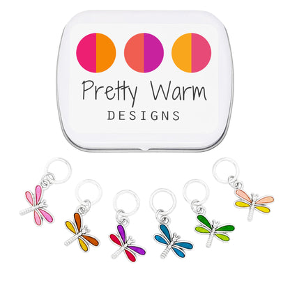 Pretty Warm Designs Dragonfly Stitch Markers - Snag-Free Metal Enamel Ring Notions for Knitting - Set of 6 Handmade Accessories in Hinged Keepsake Box