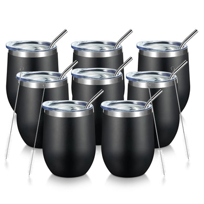 COMOOO 12oz Stainless Steel Drinking Cup - Bulk with Lid and Straw, Double Wall Vacuum Insulated, for Hot and Cold Drinks, Coffee, Cocktails, Black, 8 Pack
