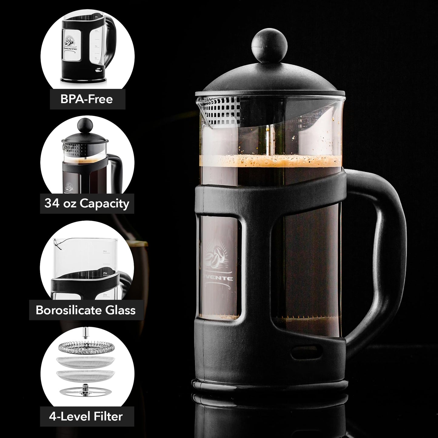 OVENTE French Press Coffee Maker 34 Ounce with Heat Resistant Borosilicate Glass & Stainless Steel 4-Level Filtration System, Portable Cold Brew Coffee Maker for Travel, Camping or Gift, Black FPT34B