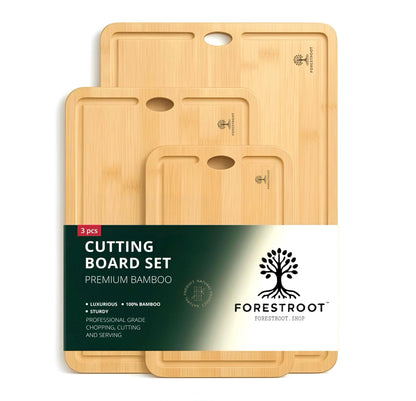Forestroot Bamboo Cutting Board Set – 3-Piece Natural Bamboo Boards with Deep Juice Grooves & Hanging Holes, Eco-Friendly Wooden Cutting Boards for Kitchen, Perfect for Chopping Meat, Bread & Fruits