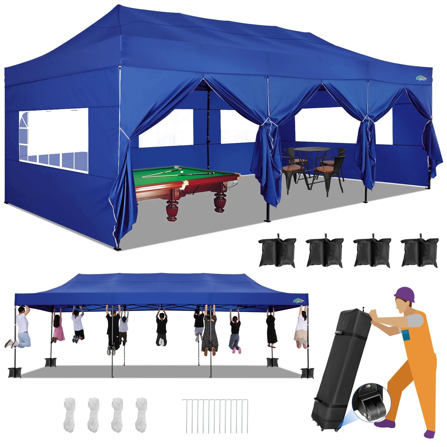 COBIZI 10x30 Heavy Duty Pop up Canopy with 8 sidewalls Stable Wedding Outdoor Tents for Parties Canopy Pop Up Party Tent UPF 50+ Waterproof Commercial Gazebo with Roller Bag, Navy Blue Upgraded
