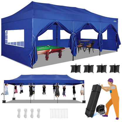 COBIZI 10x30 Heavy Duty Pop up Canopy with 8 sidewalls Stable Wedding Outdoor Tents for Parties Canopy Pop Up Party Tent UPF 50+ Waterproof Commercial Gazebo with Roller Bag, Navy Blue Upgraded