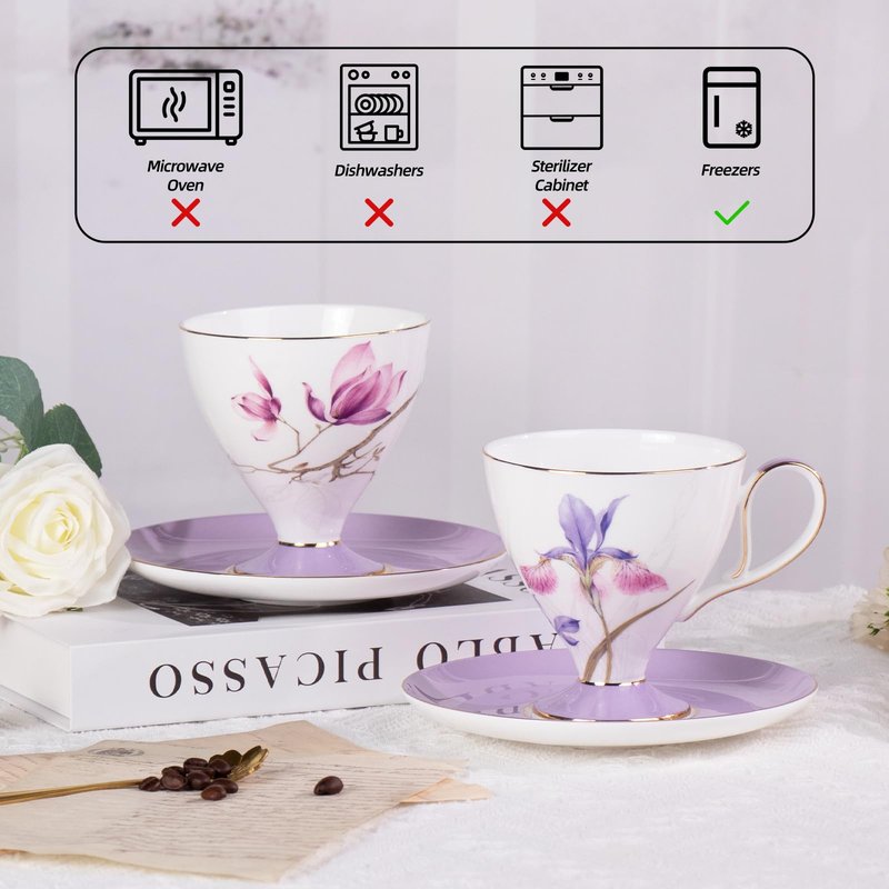 KAMMAK Ceramic Coffee Cups Saucers Set of 2, Porcelain Espresso Cups with Saucers, 8.12 oz Handcrafted Elegant Bone China Tea Cups, Purple Hibiscus & Iris Flower Pattern Teacup for Party, Office, Gift