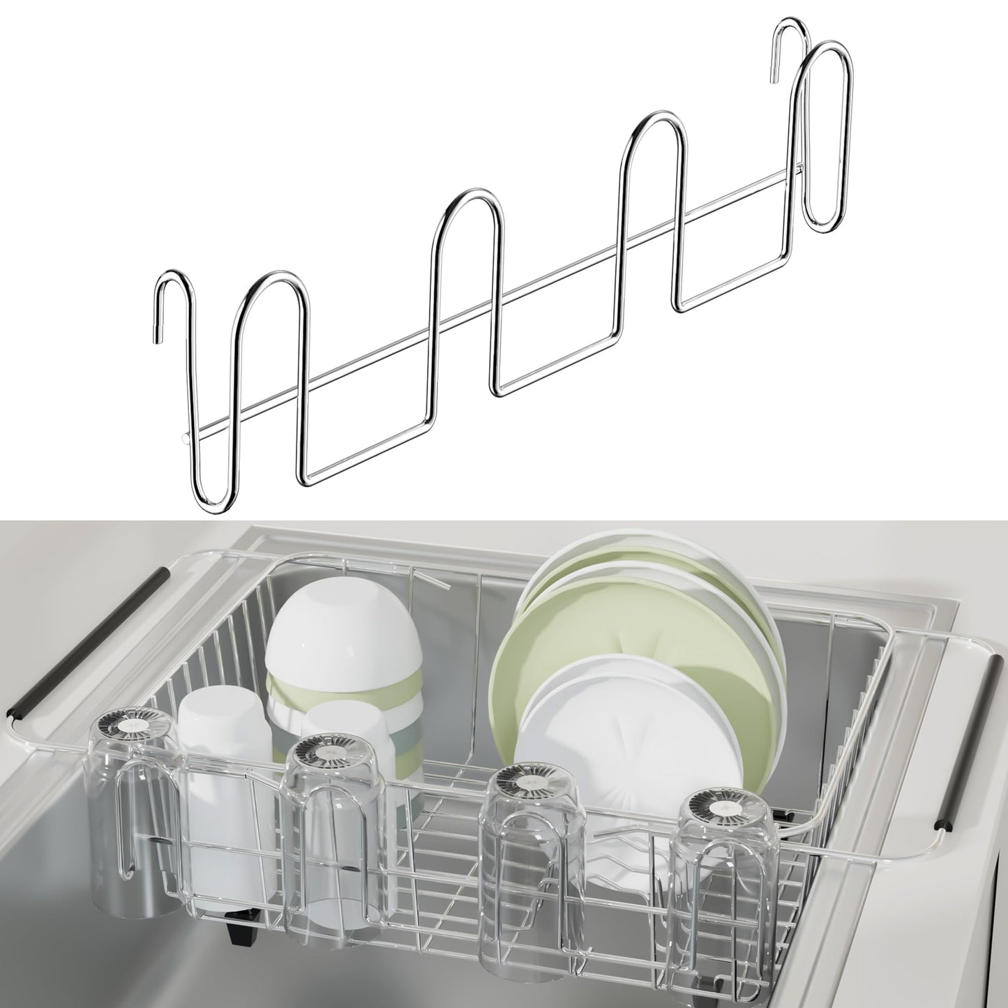 ZumenDa 12 Inch Stainless Steel Cup Drying Rack with 4 Hooks, Kitchen Mug Holder Organizer for Glasses, Baby Bottles, Travel Mugs, Dishwasher Safe Kitchen Drainage Basket