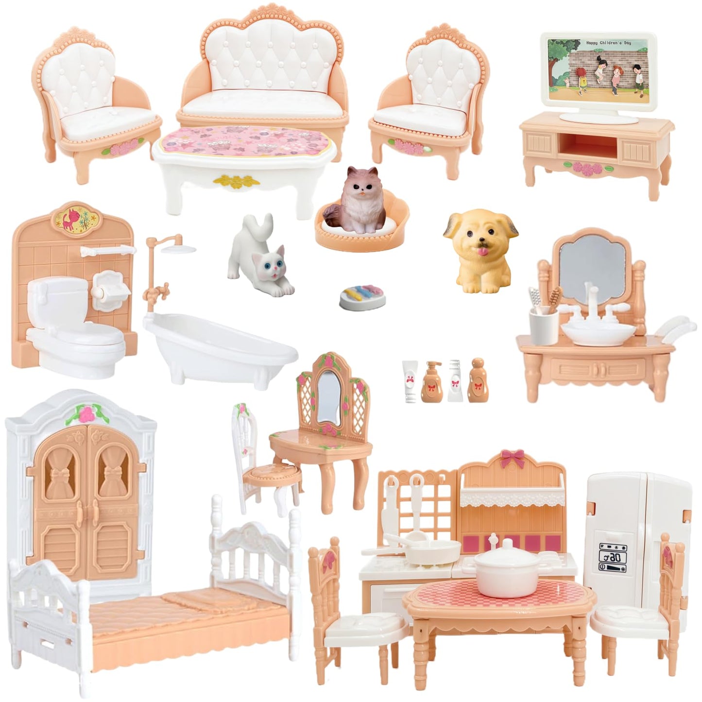 Xadothat Dollhouse Furniture Set, Complete Room Collection with Kitchen, Dining, Living Room, Bedroom and Bathroom Accessories, Plastic (36-Piece Hrown)