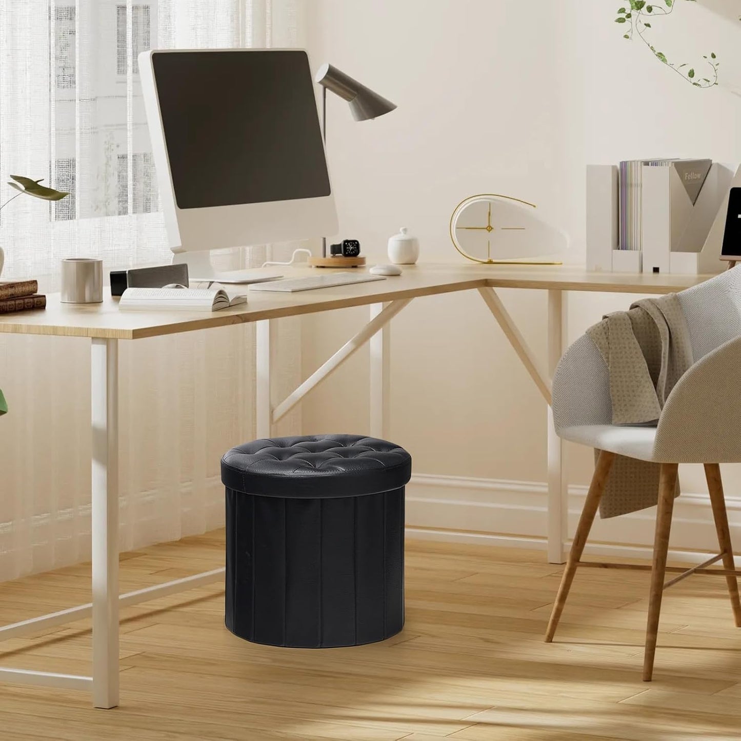14" 14" 13"Inch, Bsketa Folding Storage Ottoman Round x x Foot Stool with Thicker Foam Padded Seat Small Leather