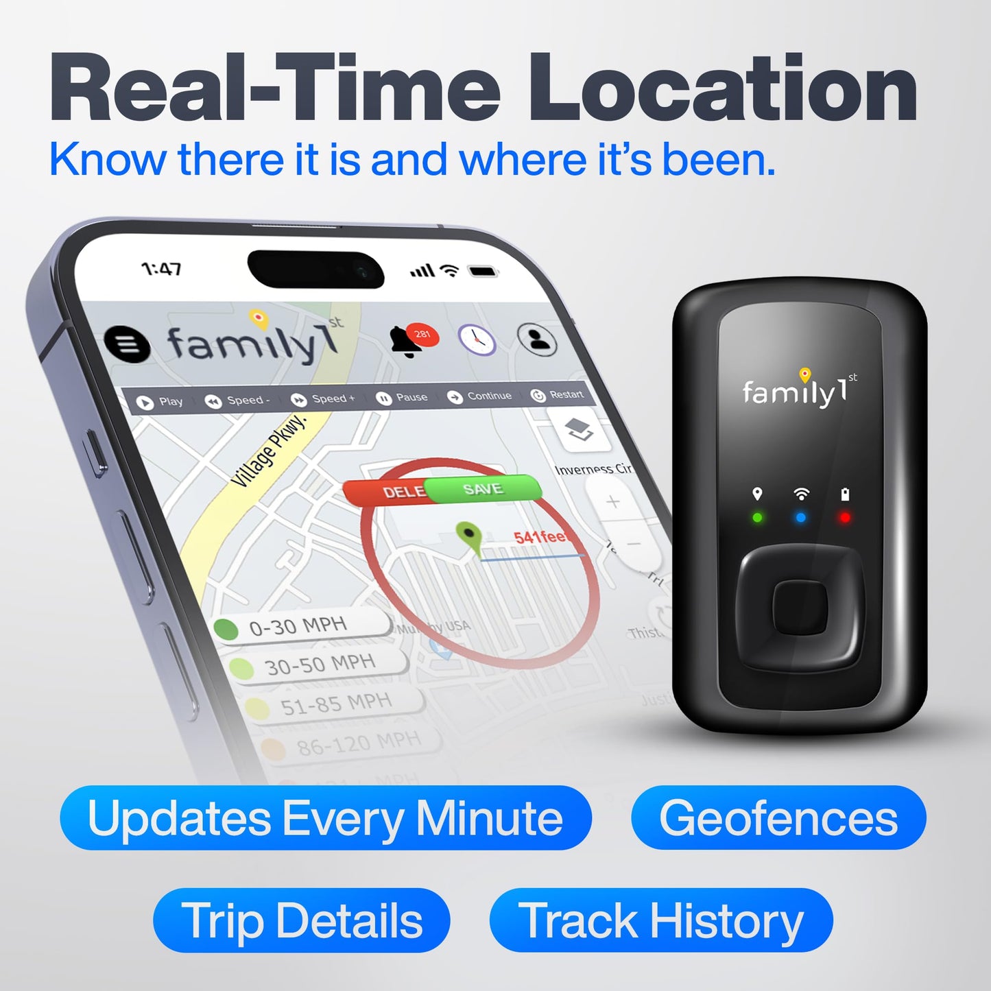 Family1st GPS Tracker Device for Vehicles, Cars, Loved Ones, Up to 30 Day Battery with Waterproof Case Magnetic, Real-Time Tracking with App. Subscription Needed.