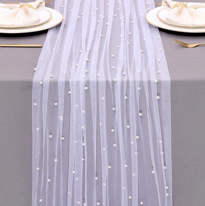 TuTive Gauze White Pearl Table Runner 10FT Sheer Spring Summer Pearl 120 Inch Valentine’s Day Tulle Table Runner for Dining Anniversary Wedding Table Decor for Home Party Decorations