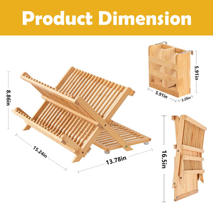 KAEASOUS Foldable Bamboo Dish Rack, 3-Tier Wooden Dish Drainer & Utensil Holder for Kitchen - Large Countertop Drying Rack for Dishes and Plates, Natural Compact Storage