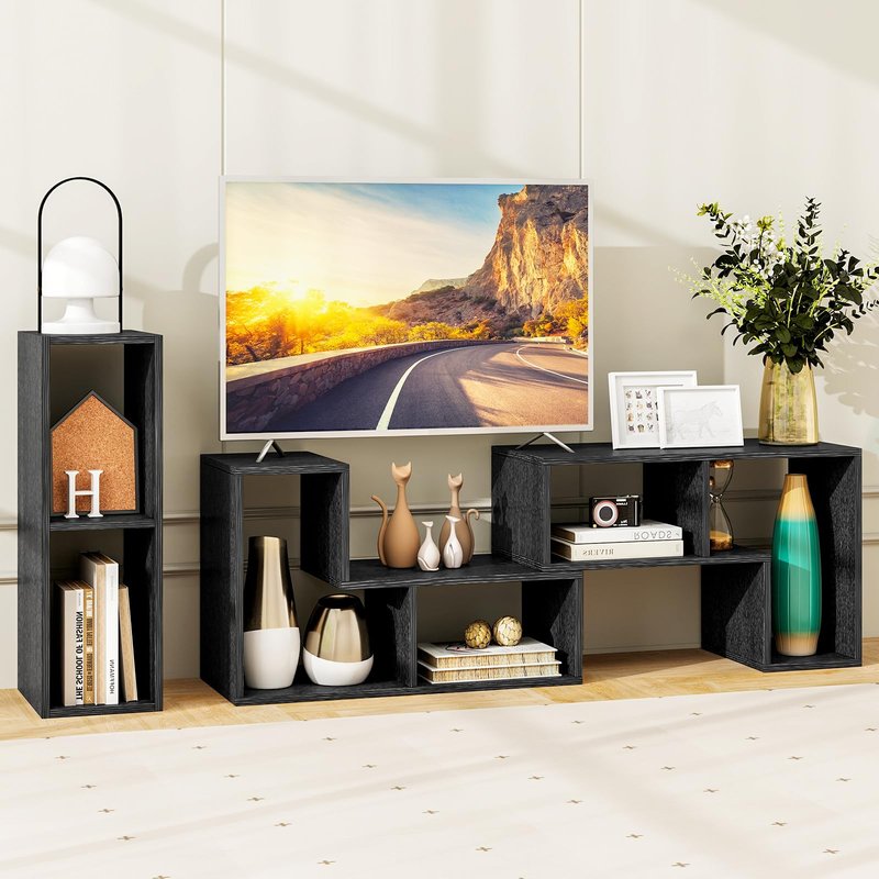 Tangkula 3 Pieces Console TV Stand, Free-Combination Entertainment Center for 50 55 60 65 Inch TV, Minimalist Modern TV Table Media Stand, DIY Open Storage Bookcase for Living Room (Black Wood Grain)