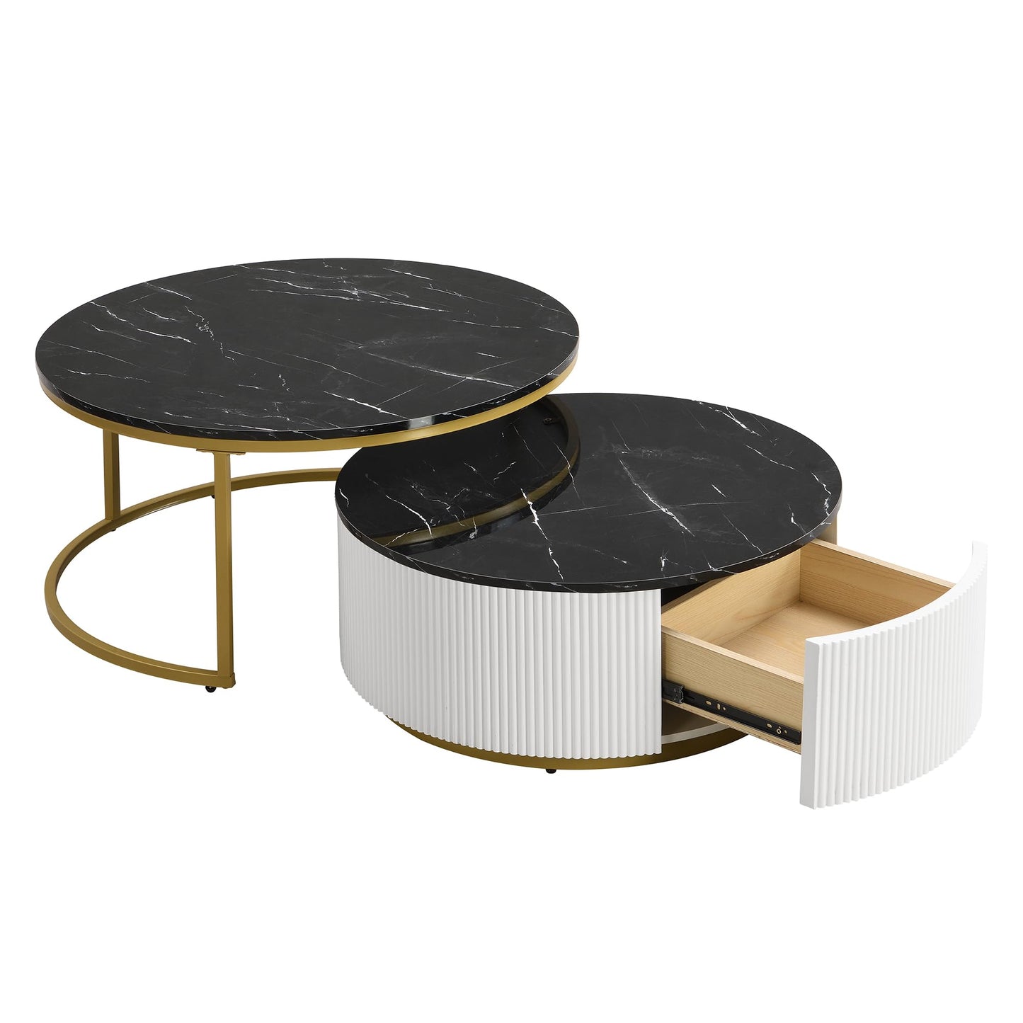Merax 27.6" Modern Round Nesting Coffee Table Fluted with Drawer for Home Living Room, Black & Gold