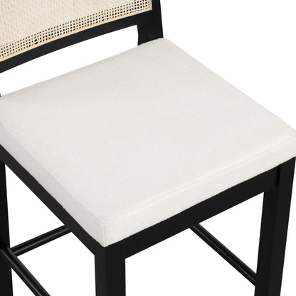 Nathan James Bailey Boucle Upholstered Rattan Bar Stool, Counter Height Stool with Natural Rattan Woven Back For Kitchen Island, White/Black Oak, Set of 4