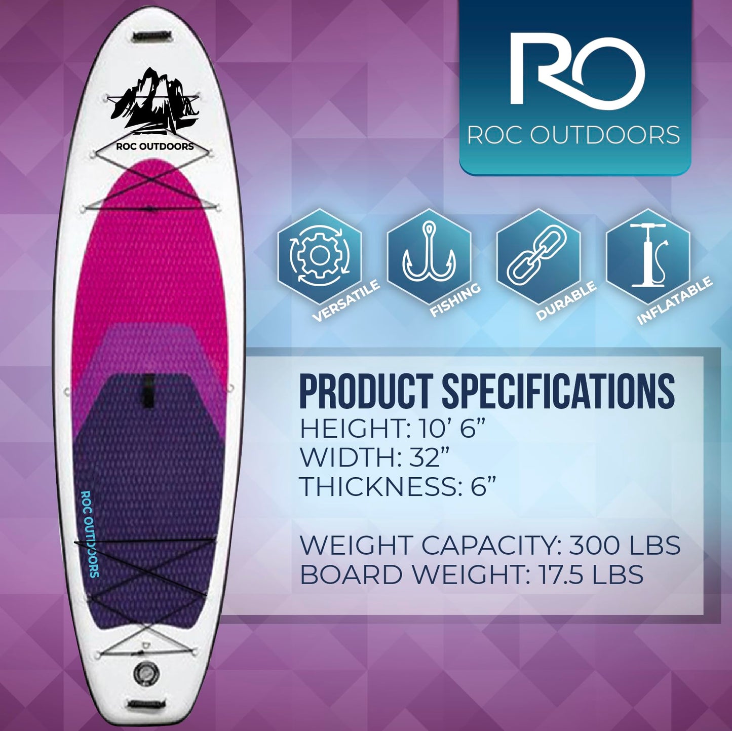 Roc Inflatable Stand Up Paddle Board 10' 6" with Premium SUP Paddle Board Accessories, Wide Stable Design, Non-Slip Comfort Deck for Youth & Adults (Violet W/Kayak Seat)