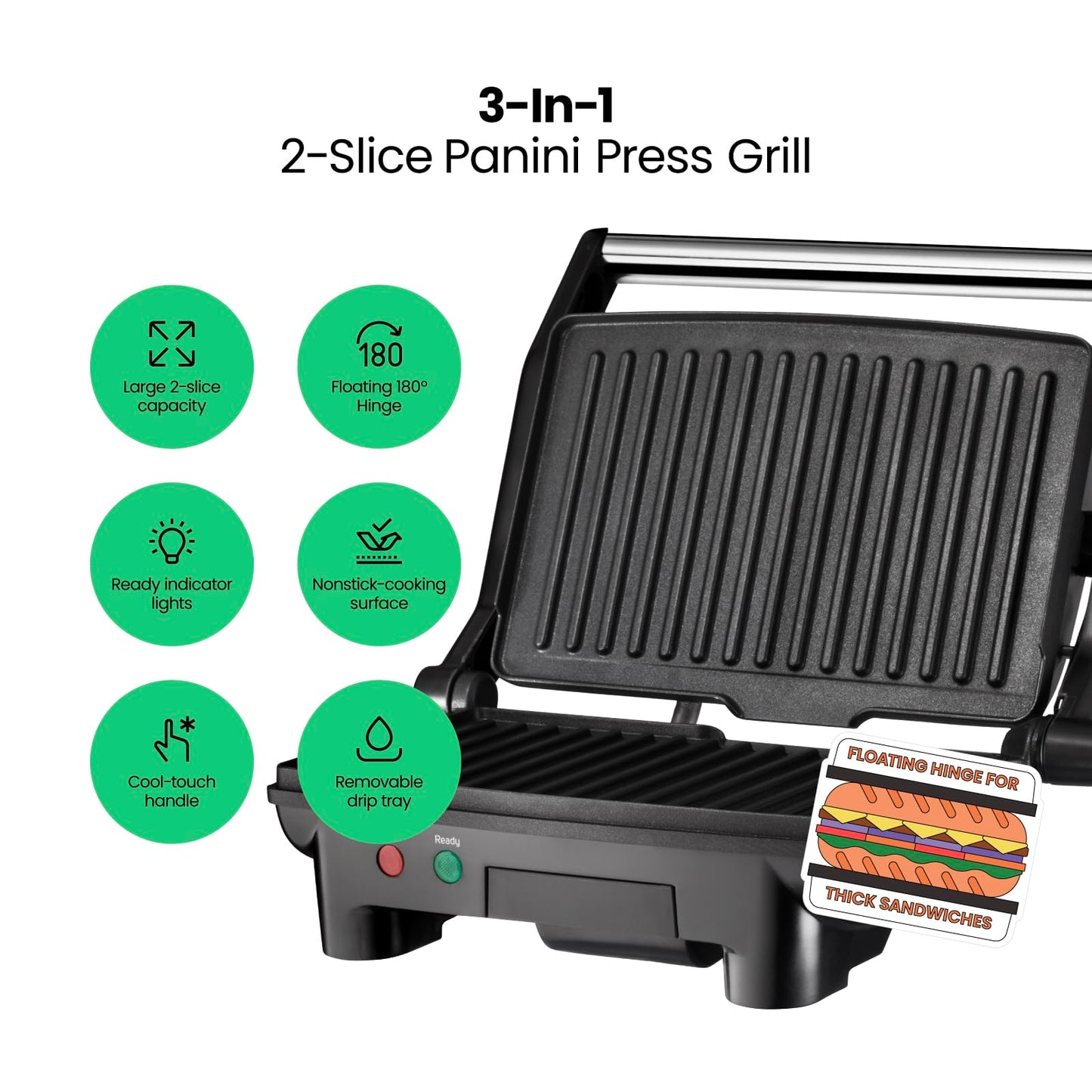 Chefman Electric Panini Press Grill, Compact 2-Slice Sandwich Maker, Non-Stick Coated Plates, Opens 180 Degrees, Dishwasher Safe, Removable Drip Tray, Stainless Steel/Black