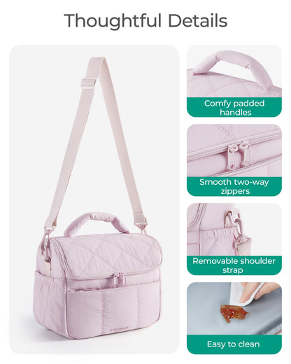 BAGSMART Insulated Lunch Bags for Women, Cute Quilted Lunch Box, Lightweight Puffy Padded Waterproof Lunch Tote, Reusable Lunch Cooler for Work Picnic Travel, Pink