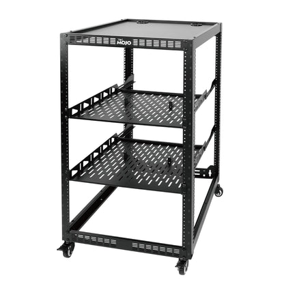 TECMOJO 20U Open Frame Network Rack for IT & AV Gear, 4-Post With Casters, Mobile With 2 PCS 1U Server Shelf & Mounting Hardware, for 19" Network, Audio and Video Device