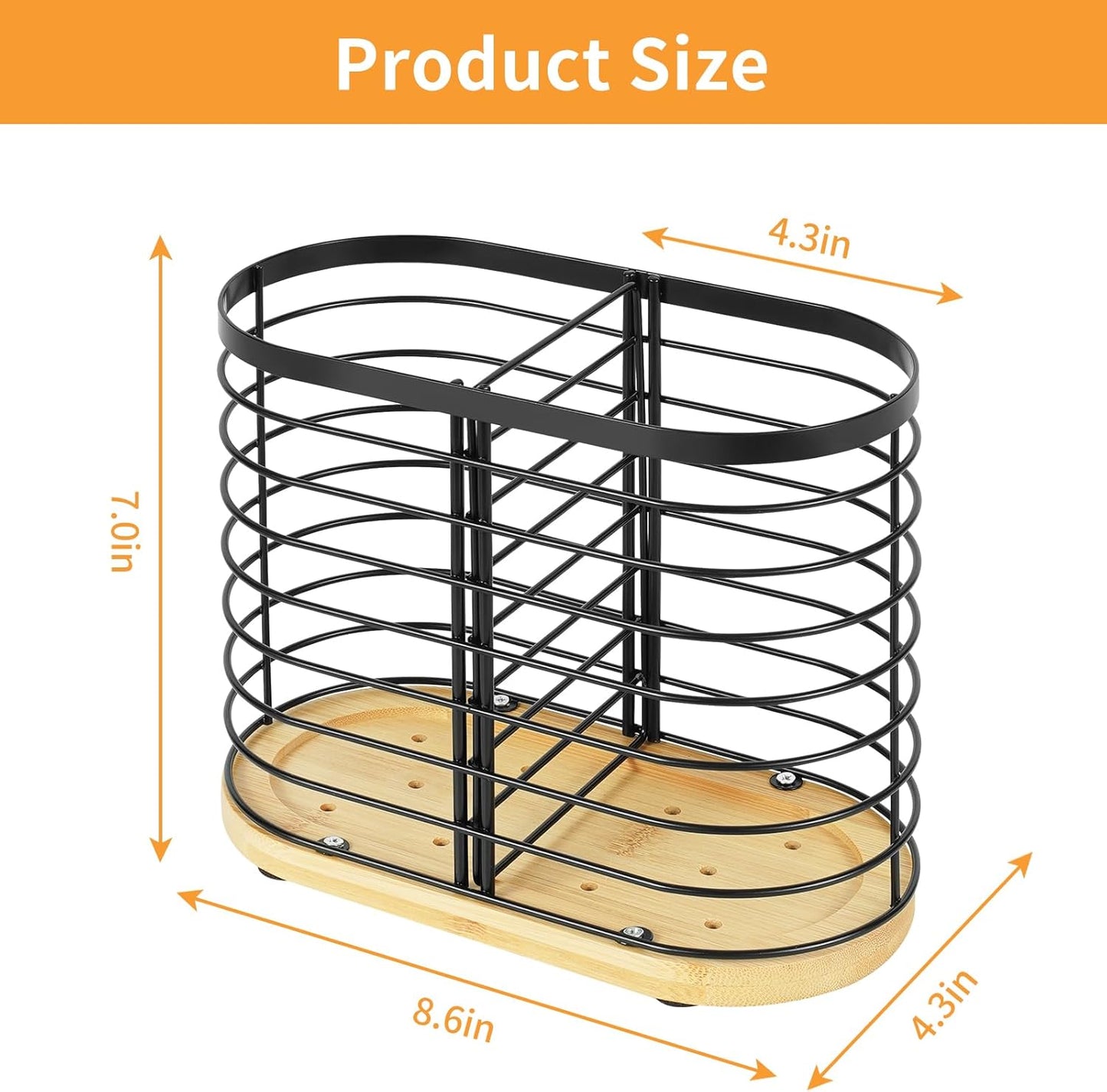 Large Utensil Holder for Kitchen Counter, 8.7" x 4.3" x 6.9", Wooden Base Matte Black Cooking Utensil Caddy