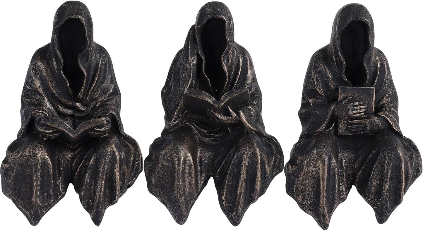 2.95" Set 3,Gothic Mini Reading Statue Bookshelf Figure of Grim Reaper Statue,Mystery Reading Figurines Sitting