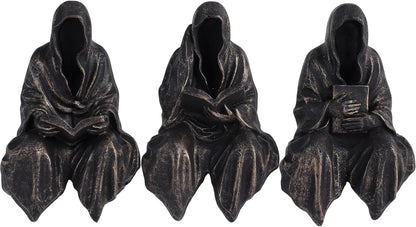 2.95" Set 3,Gothic Mini Reading Statue Bookshelf Figure of Grim Reaper Statue,Mystery Reading Figurines Sitting