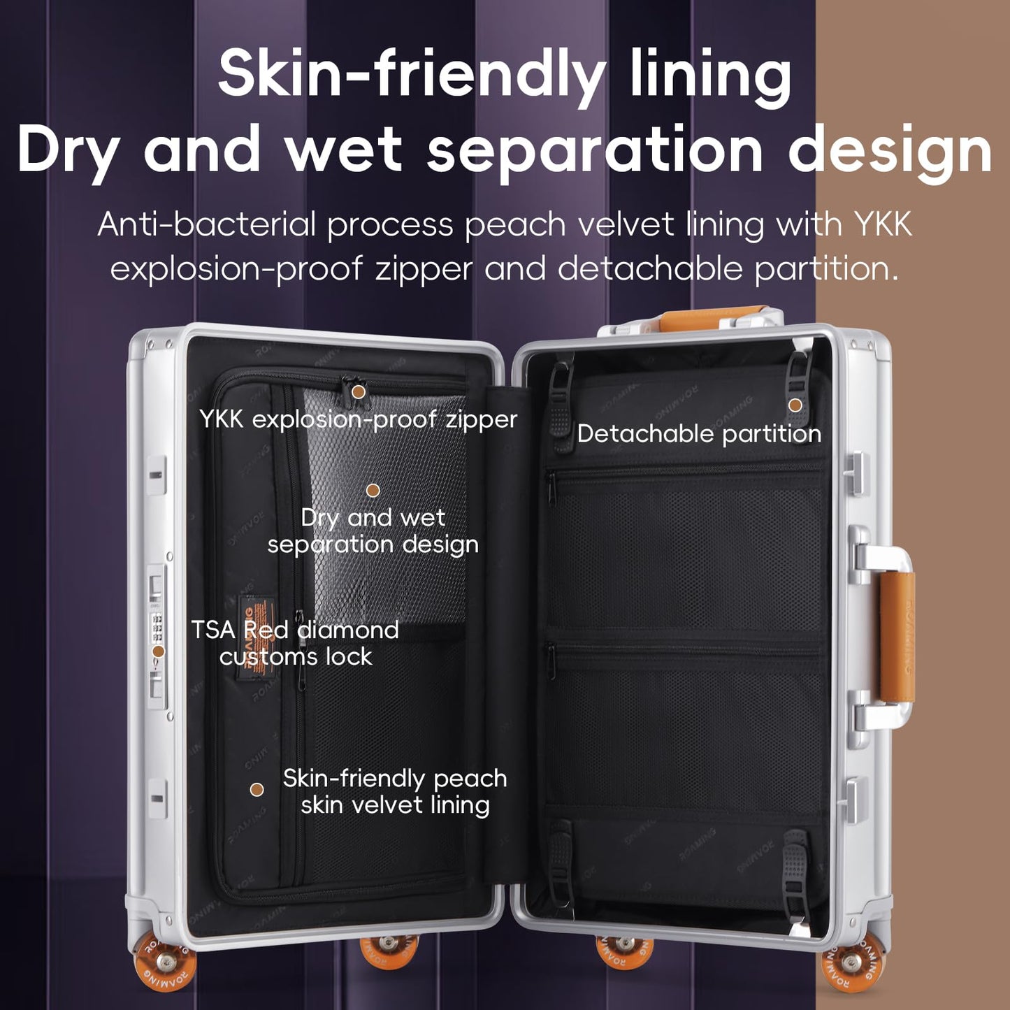 ROAMING 24 Inch Check Luggage Durable All Aluminum Hardshell Suitcase - Zipperless Luggages Airline Approved with 360° Spinner Wheels, TSA Lock, USB Port Smart Organizational Pockets （Silver orange）