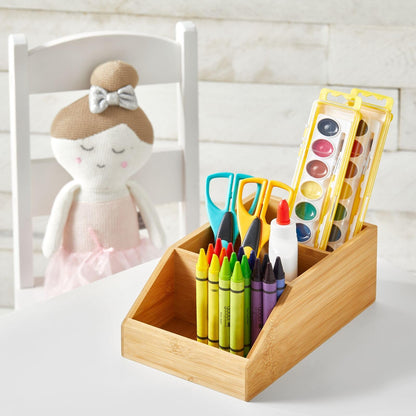 mDesign Bamboo Wood Compact Bathroom Storage Organizer Bin Box - 3 Divided Sections - Cabinets, Shelves, Countertops, Bedroom, Kitchen, Laundry Room, Closet, Garage - Natural/Tan