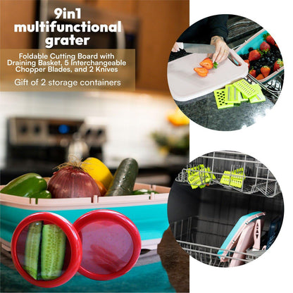 Foldable Cutting Board Set with Storage Lid – Phoenix'Hills Pink Kitchen Cutting Board with 5 Interchangeable Blades, 2 Knives & Containers – Compact & Multi-Functional