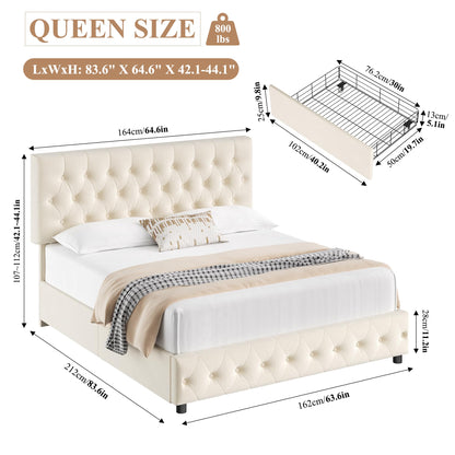 Keyluv Modern Queen Size Upholstered Bed Frame with 4 Storage Drawers, Button Tufted Headboard Design, Solid Wooden Slat Support, Easy Assembly, Soft Velvet, Beige