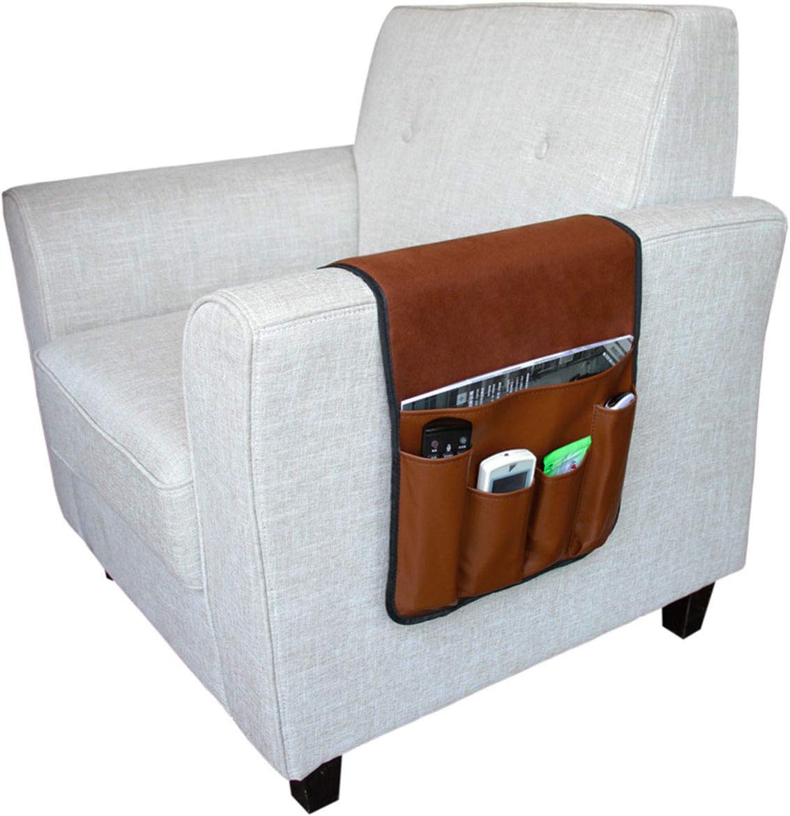 Leather Sofa Armrest Organizer with Pockets, Non-Slip Remote Control Holder for Couch, Armchair, Cell Phones, Magazines