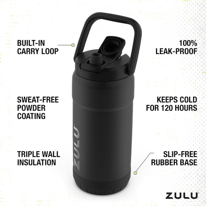 ZULU Goals Vacuum Insulated Large Capacity Stainless Steel Water Bottle | Reusable Jug with Carry Handle