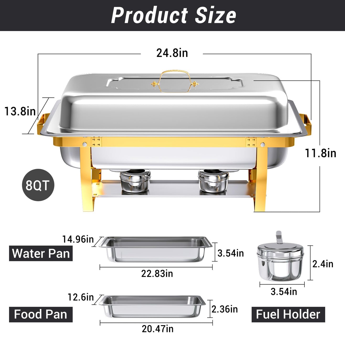 Keyoxy Chafing Dishes for Buffet, 8 Qt High Grade Chafing Dish Buffet Set, Rolled-Edge Design Food Warmers for Parties, Buffet, Wedding, Birthday, Camping 4 Pack 4 Pans [Half Gold]