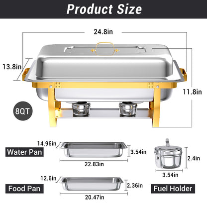 Keyoxy Chafing Dishes for Buffet, 8 Qt High Grade Chafing Dish Buffet Set, Rolled-Edge Design Food Warmers for Parties, Buffet, Wedding, Birthday, Camping 4 Pack 4 Pans [Half Gold]