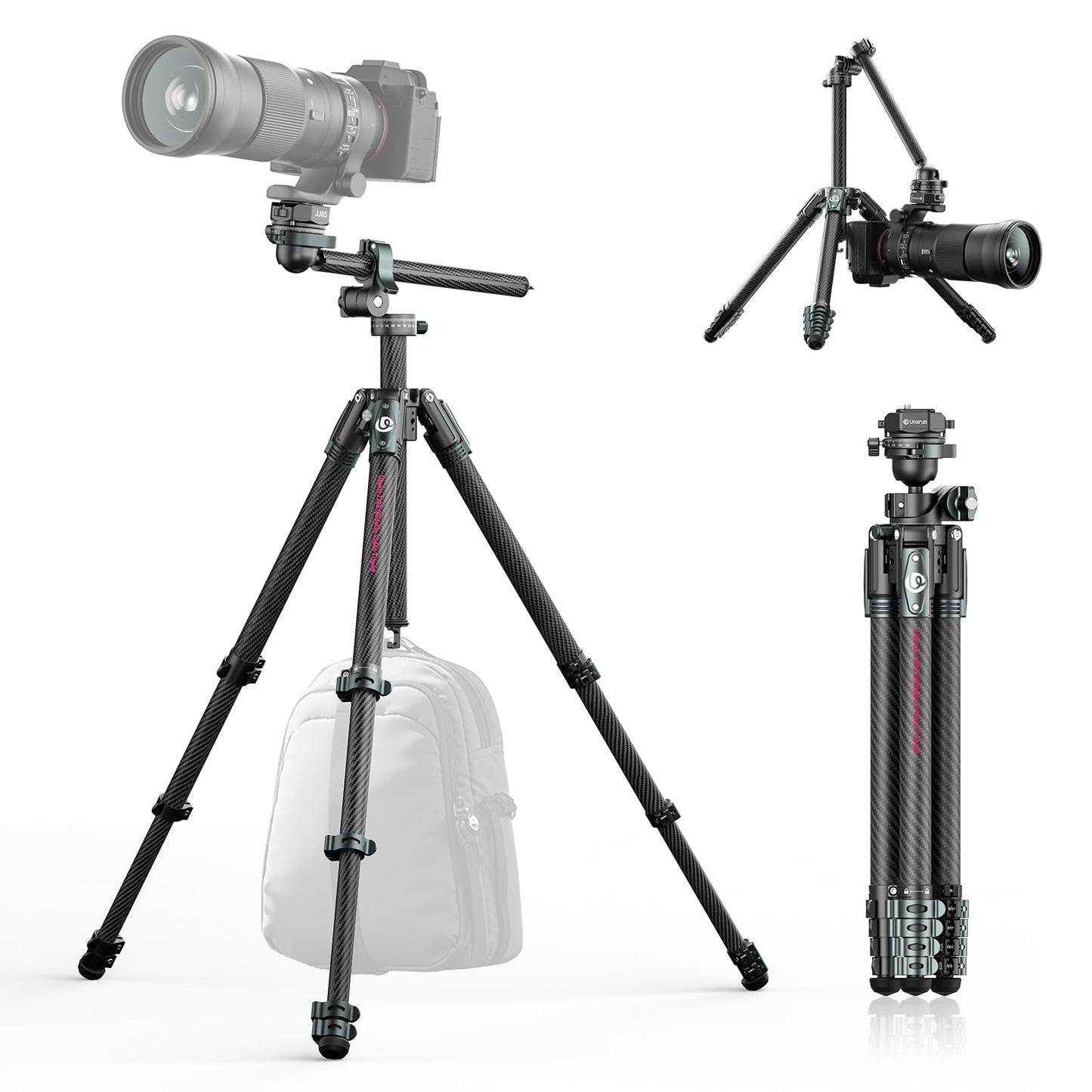 ULANZI JJ05 GlideGo Carbon Fiber Photo Tripod, Dual 360° Pan Head, 72.4 inch Max Height, 11 lb Load, UKA Quick Release, Professional Portable Lightweight Travel Tripod with Bag