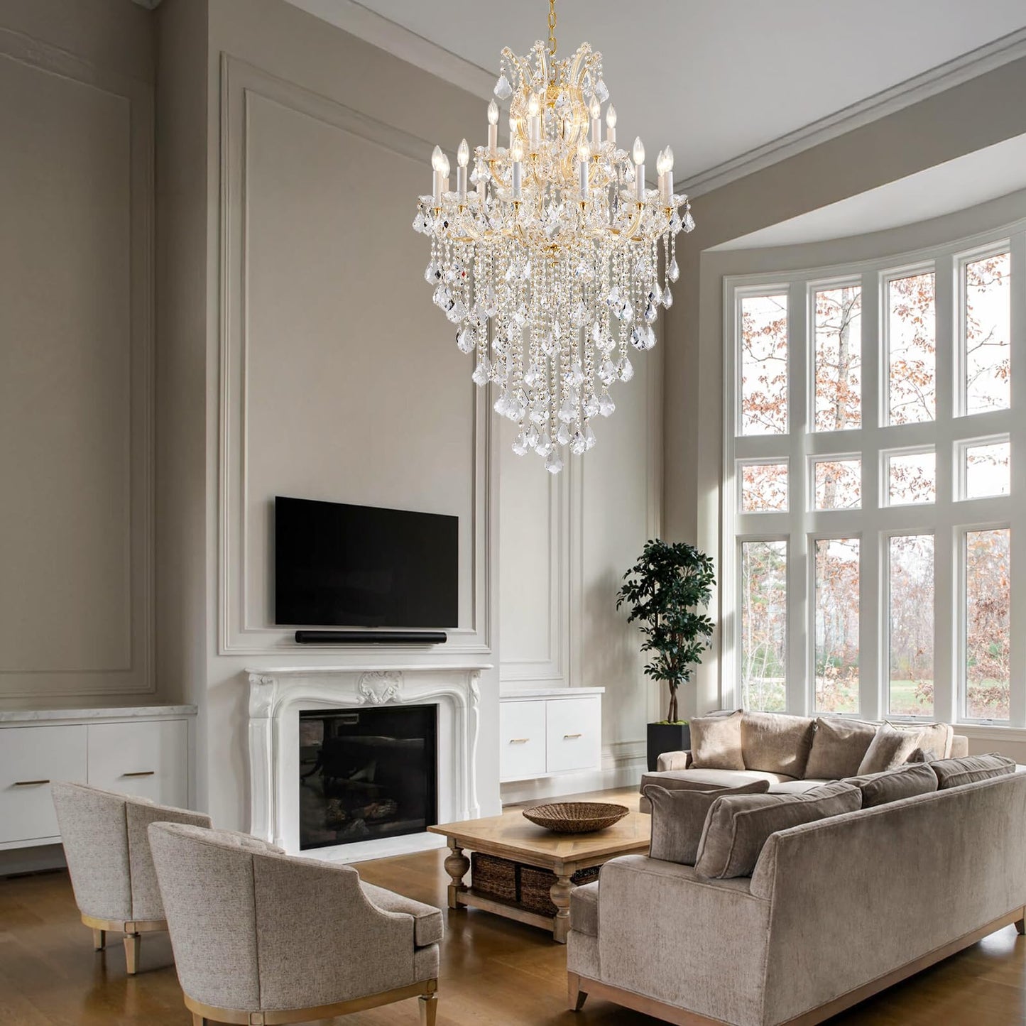 DUNFIZZ Large Modern Gold Crystal Chandeliers 18-Light Foyer Chandelier for High Ceiling Maria Theresa Crystal Chandelier Light Fixture for Living Room Staircase Entryway Hallway, H45 x W31