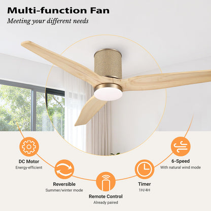 LEDLUX 52" Ceiling Fan with Light - Low Profile Flush Mount Ceiling Fan, 6-Speed Remote Control, Solid Wood, Quiet Reversible DC Motor, Boho Style, for Bedroom, Living Room, Porch, Light Oak/Gold