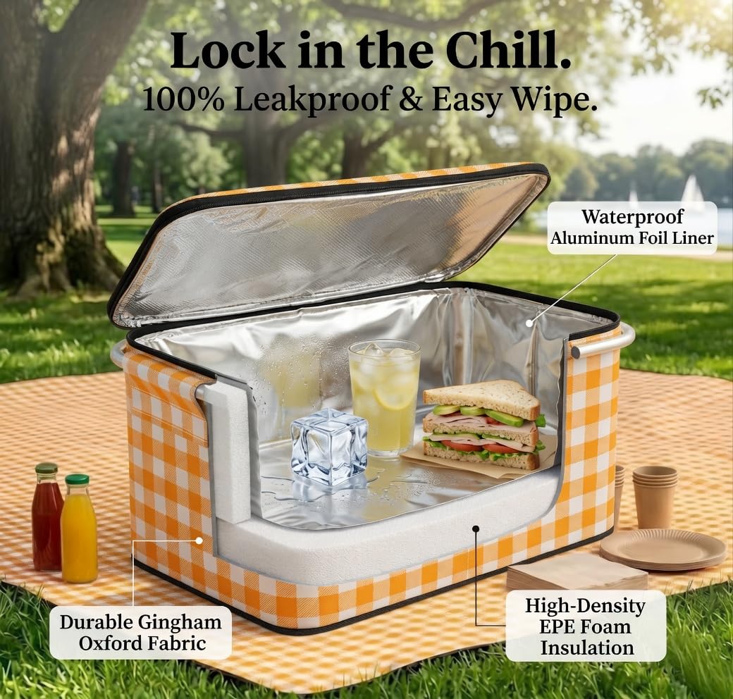 22L Collapsible Picnic Basket with Insulated Cooler, Includes Oversized 80"x80" Waterproof Blanket, Leakproof Aluminum Frame Market Grocery Tote for Family Camping, Beach & Outdoor Dates Yellow Plaid