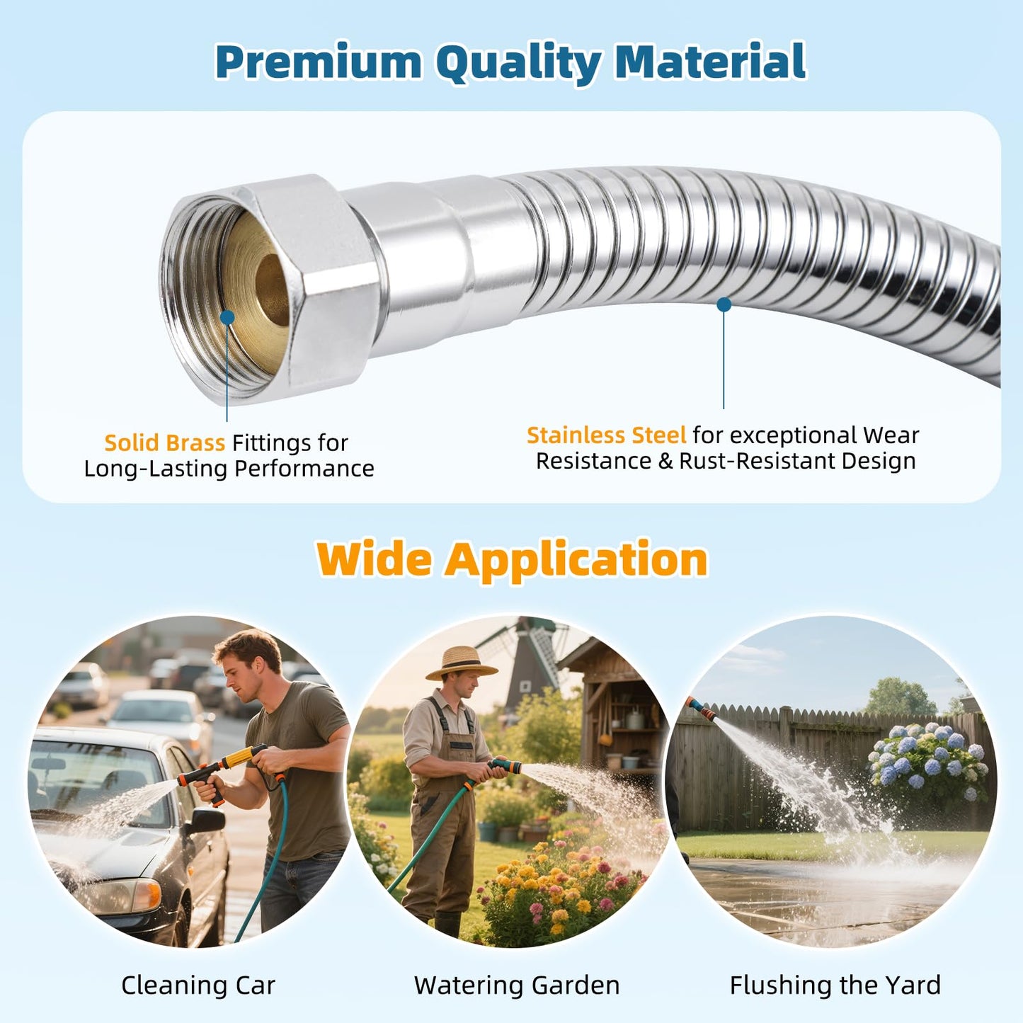 Hibbent All Metal Garden Hose Protector, Stainless Steel Flexible Hose Extension Adapter with 3/4" Female to Male Brass Connector, Anti-twist Hose Extender for Garden, Car Wash, Outdoor Faucet, Chrome