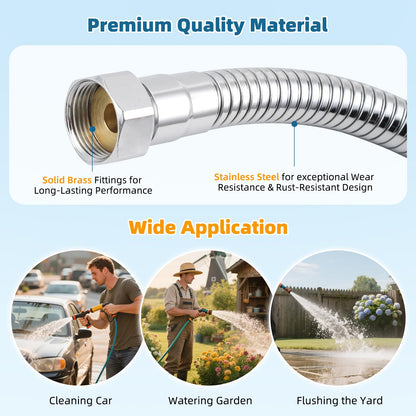Hibbent All Metal Garden Hose Protector, Stainless Steel Flexible Hose Extension Adapter with 3/4" Female to Male Brass Connector, Anti-twist Hose Extender for Garden, Car Wash, Outdoor Faucet, Chrome